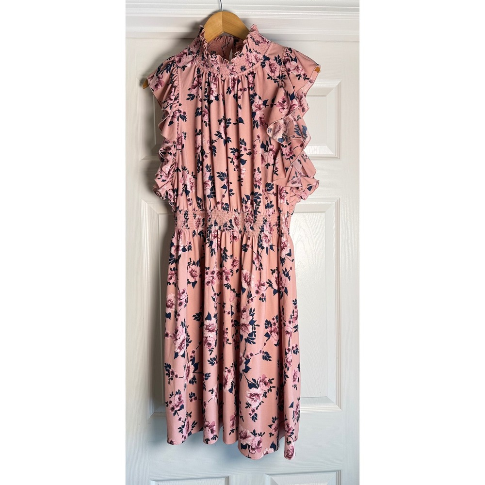 Kate Spade Floral Dress Womens Large Pink Ruffle Smocked Mock Neck Sleeveless